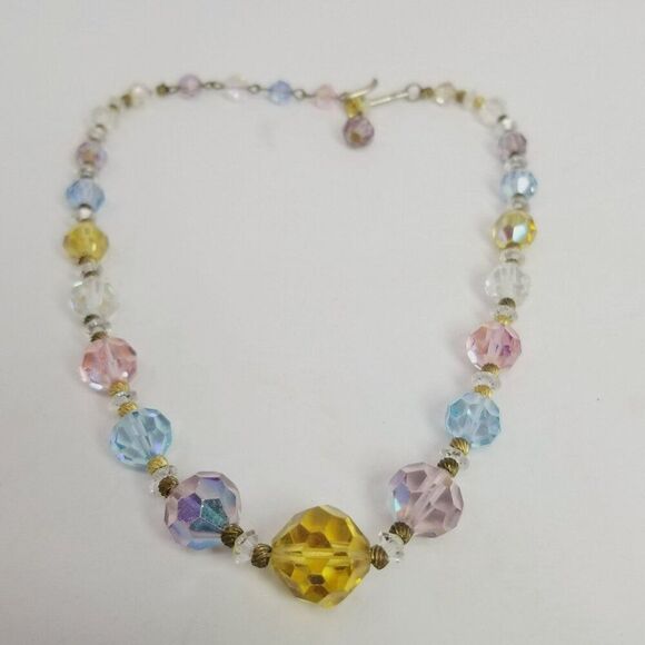 Vintage Colorful Glass Beaded Necklace, Pastel Rainbow Faceted Beads, 14 Inches - Picture 7 of 8